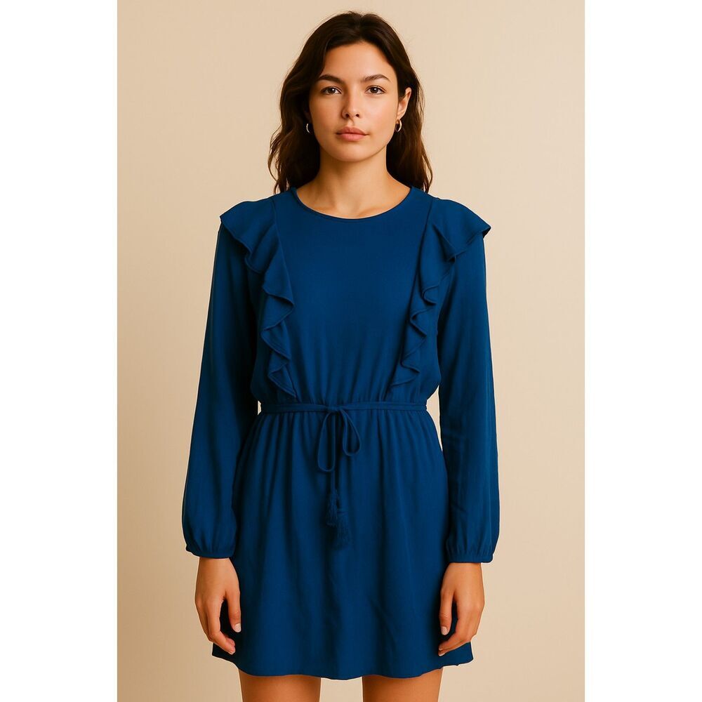 Ellison | Navy Ruffle Long Sleeve Mini Dress Size M | EUC